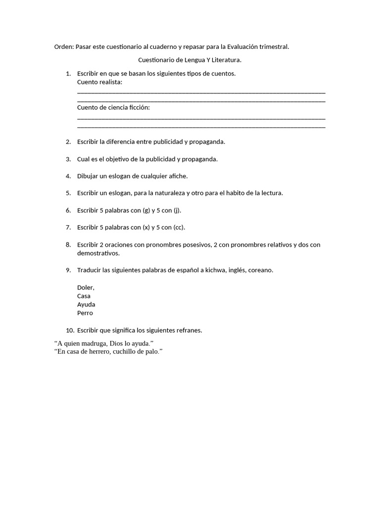 Cuestionario de Lengua y Literatura | PDF