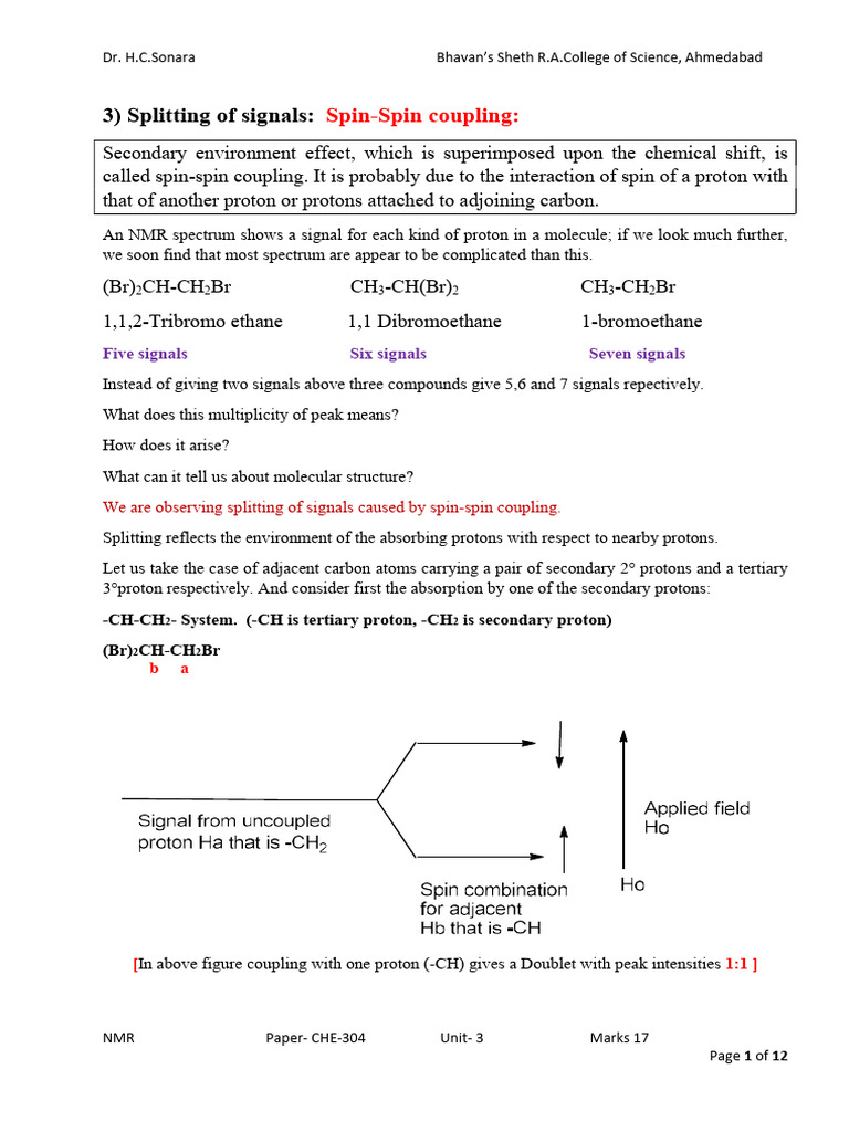 Splitting of Signal Dr.H.C.sonara | PDF | Deuterium | Nuclear Magnetic ...
