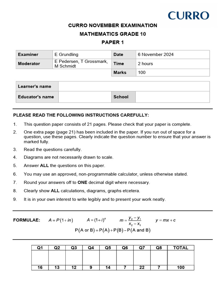 Grade 10 Mathematics Exam Paper 1 | PDF | Asymptote | Cartesian ...