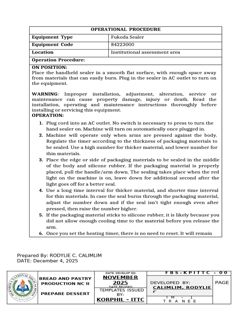 Fukoda Sealer Operational Procedure | PDF