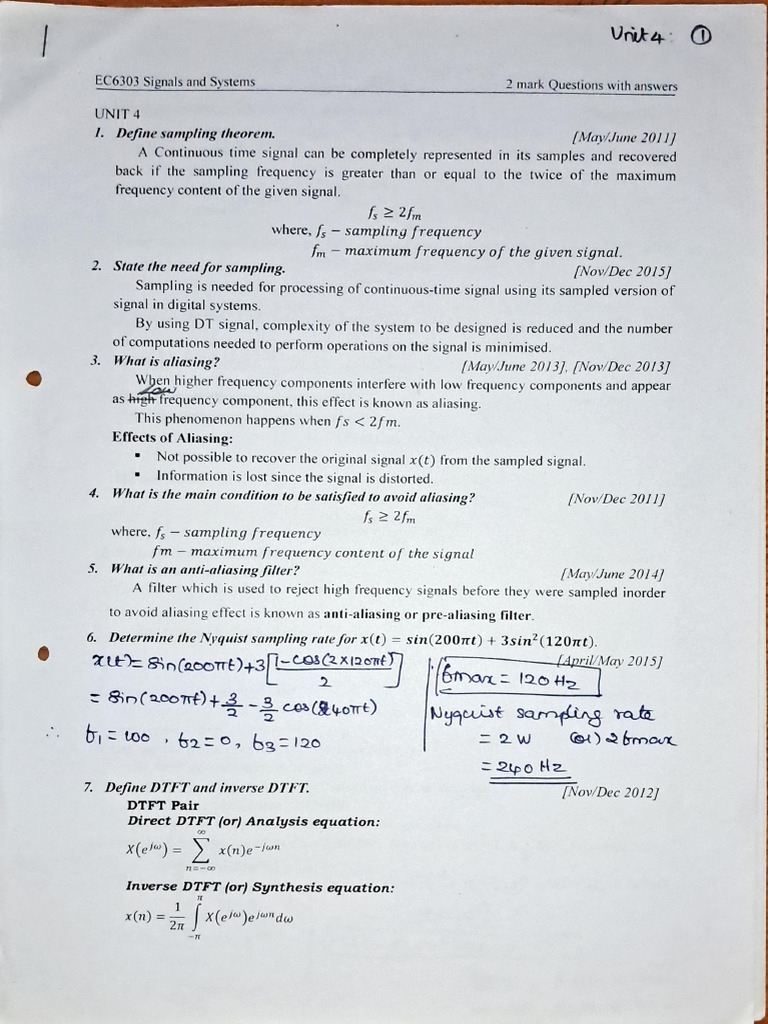 Signals and Systems 2-Mark Q&A | PDF | Mathematical Analysis ...