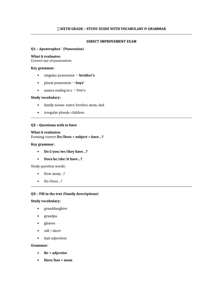 Sixth Grade Grammar & Vocabulary Guide | PDF