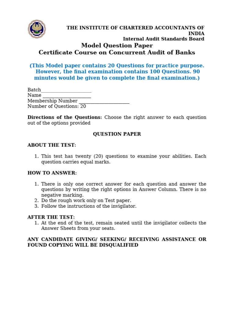 Concurrent Audit Question Paper for Banks | PDF | Banks | Reserve Bank ...