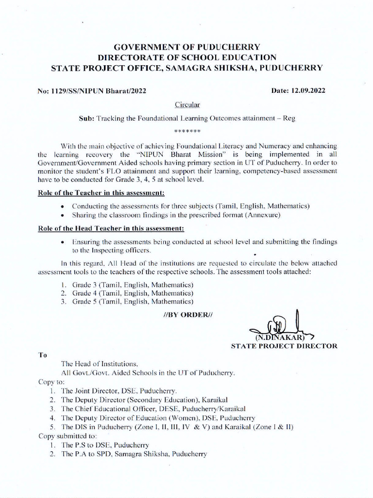 SS, Puducherry - FLN Circular and Assessment Format | PDF