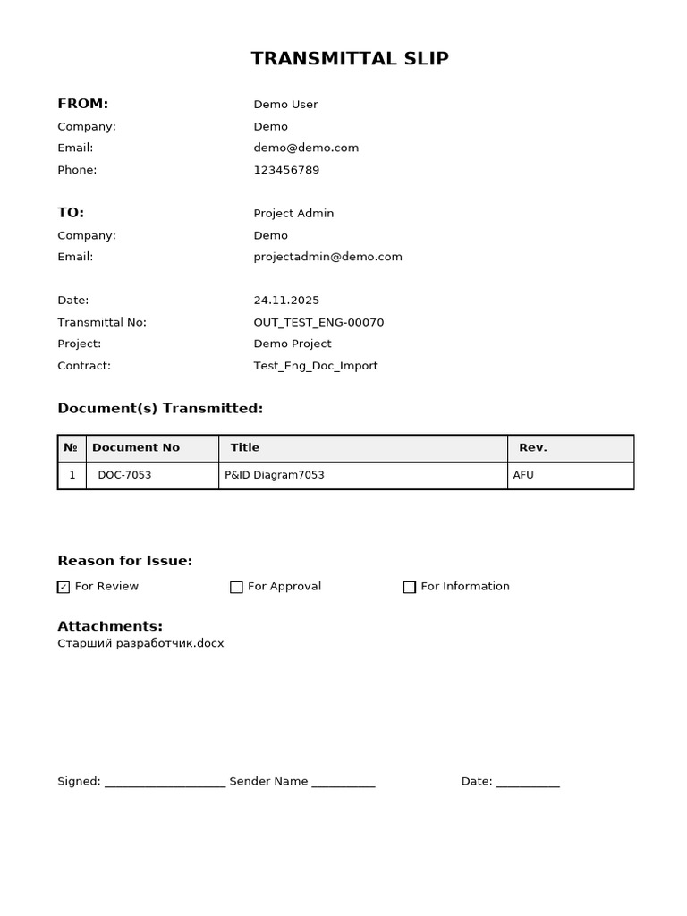 Transmittal Slip for Demo Project | PDF