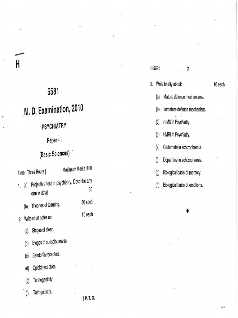 Psychiatry Question Paper | PDF