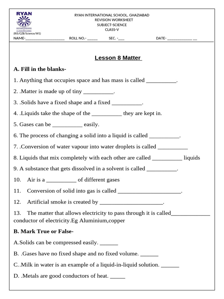 Class 5 Revision Worksheet Matter | PDF | Liquids | Matter