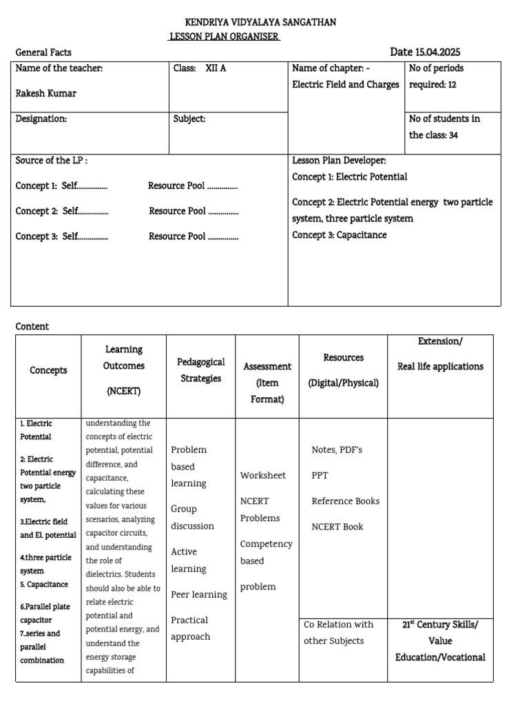 Electric Field Lesson Plan for Class XII | PDF | Capacitance | Capacitor