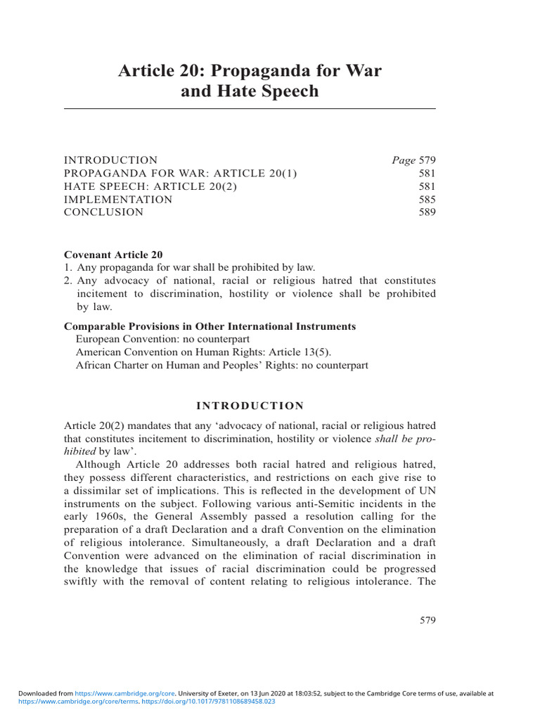 Article 20: War Propaganda & Hate Speech | PDF | Blasphemy | Defamation