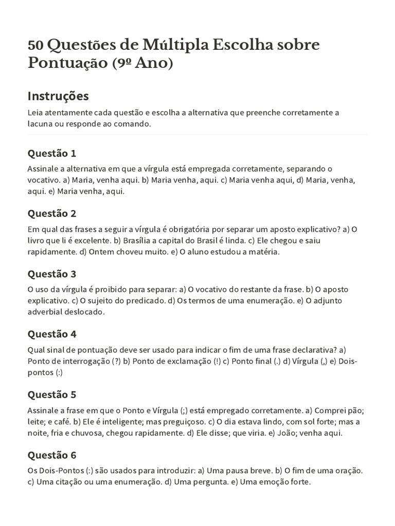 50 Questões de Múltipla Escolha: Pontuação | PDF | Sintaxe | Gramática
