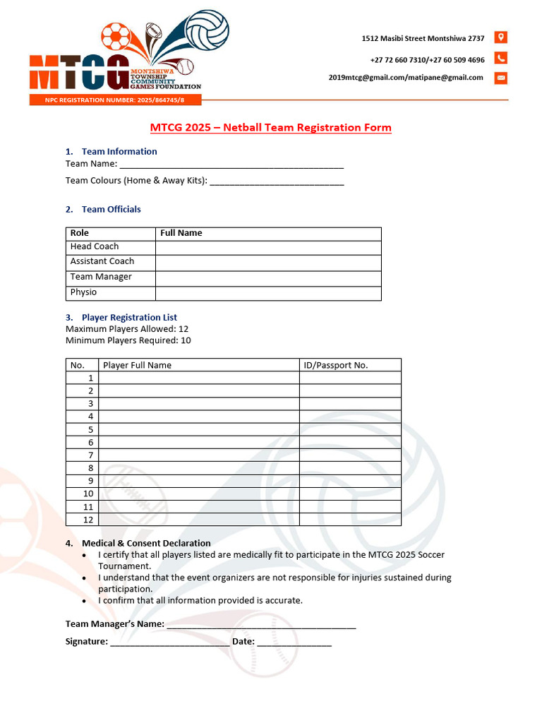 MTCG 2025 Netball Team Registration Form | PDF
