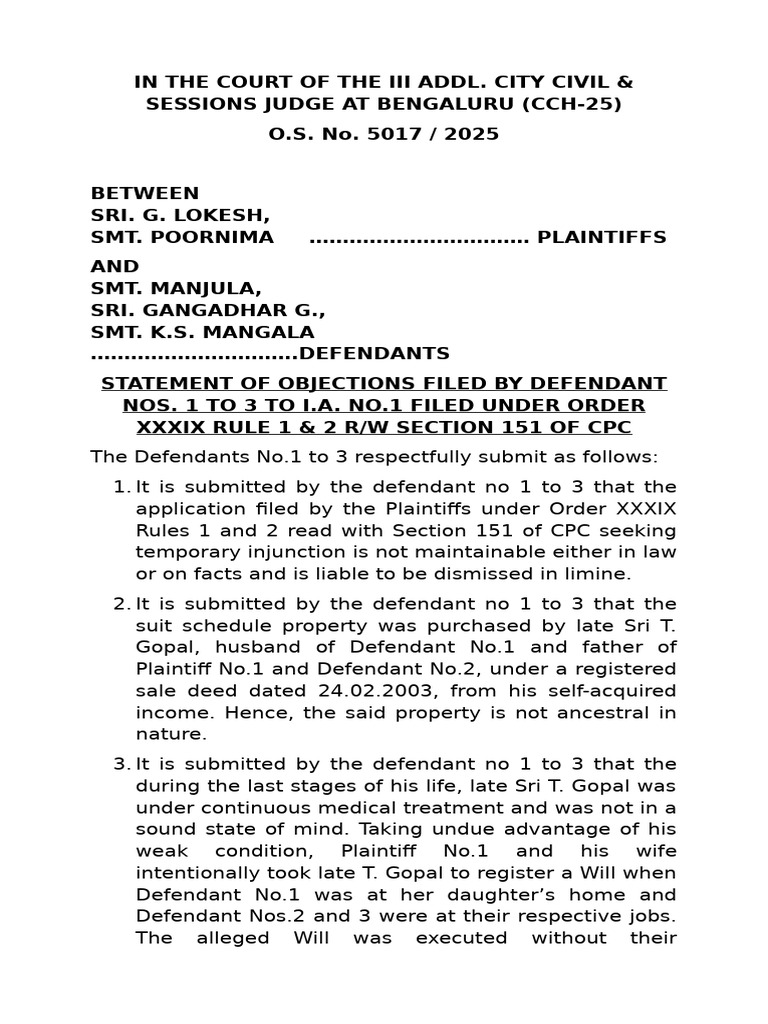 Gangadhar sir IA objection | PDF | Affidavit | Lawsuit