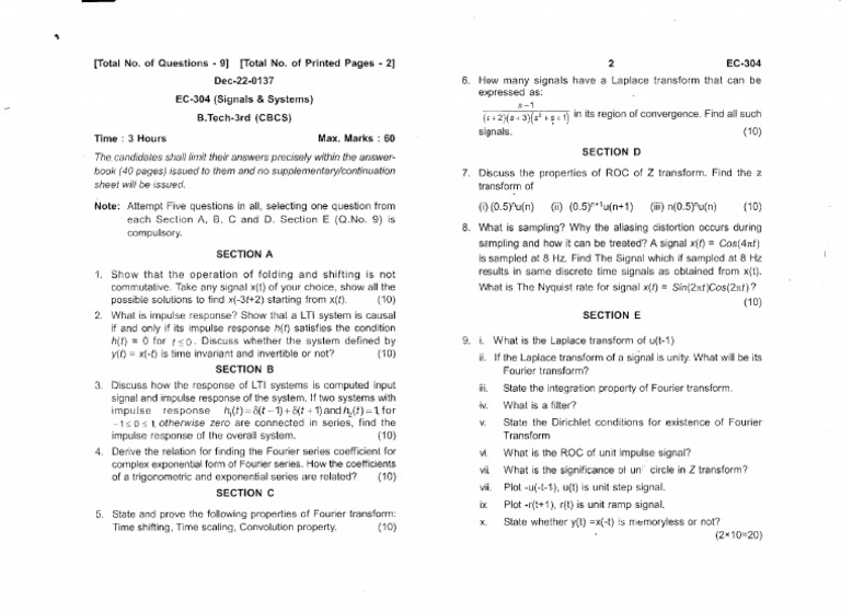 Btech Ee 3 Sem Signals and Systems 0137 Dec 2022 | PDF