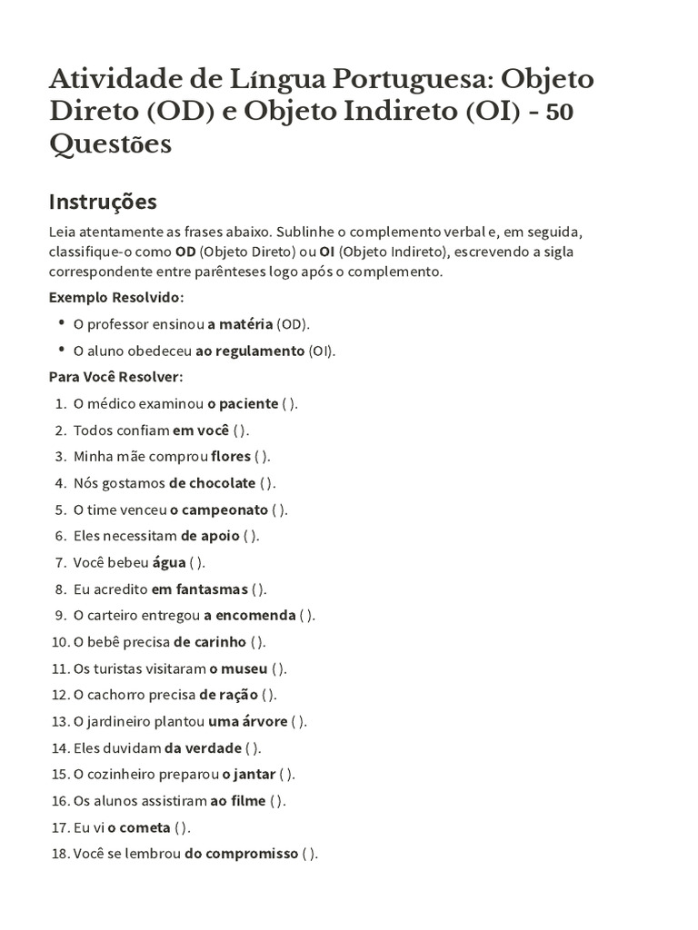 Questões sobre Objeto Direto e Indireto | PDF