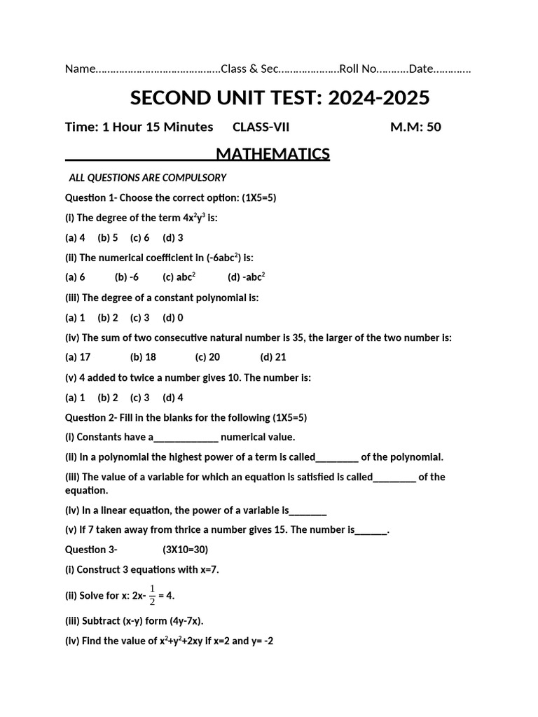 Class 7 Mathematics Unit Test 2024-25 | PDF