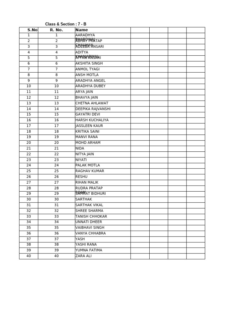 Class 7B Student List 2023 | PDF