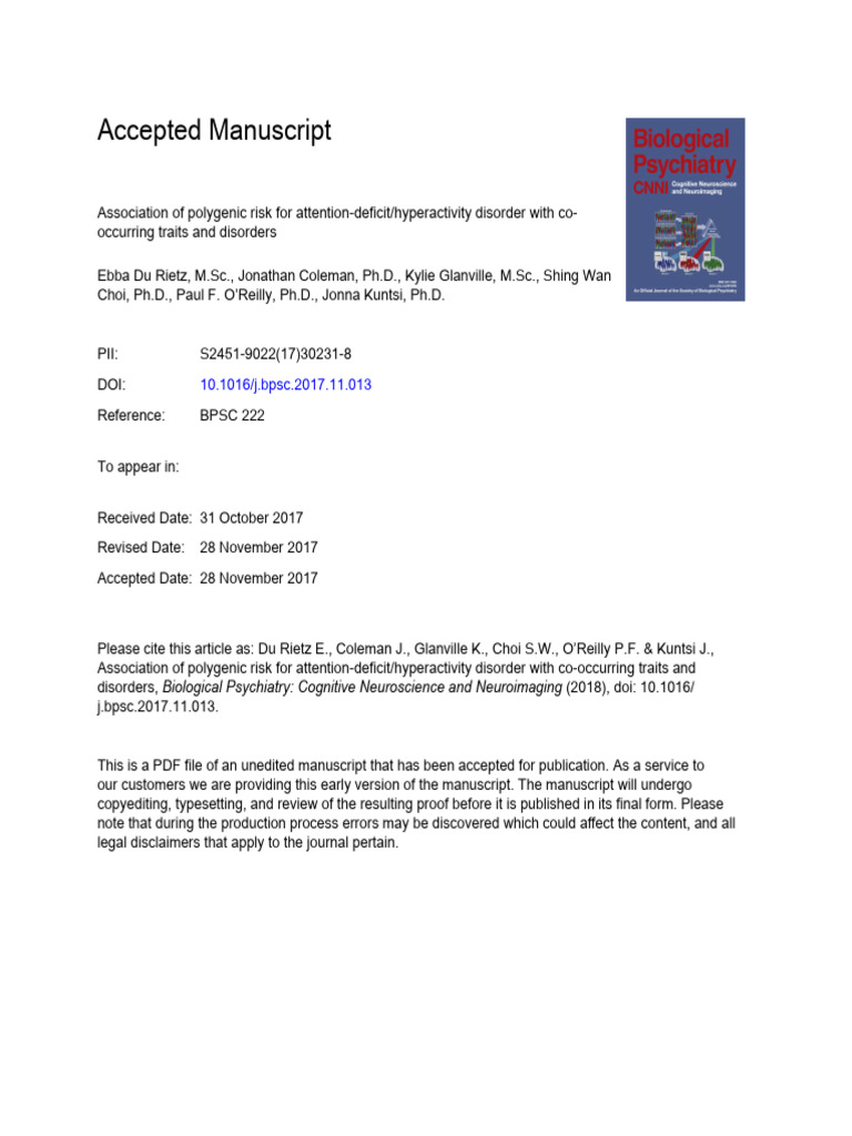 Polygenic Risk for ADHD and Comorbidities | PDF | Attention Deficit ...