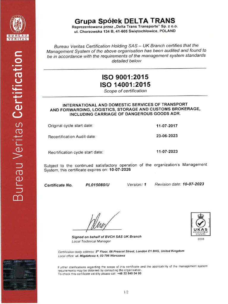 Delta Trans Ukas Iso9001 Iso14001 Skan Eng | PDF