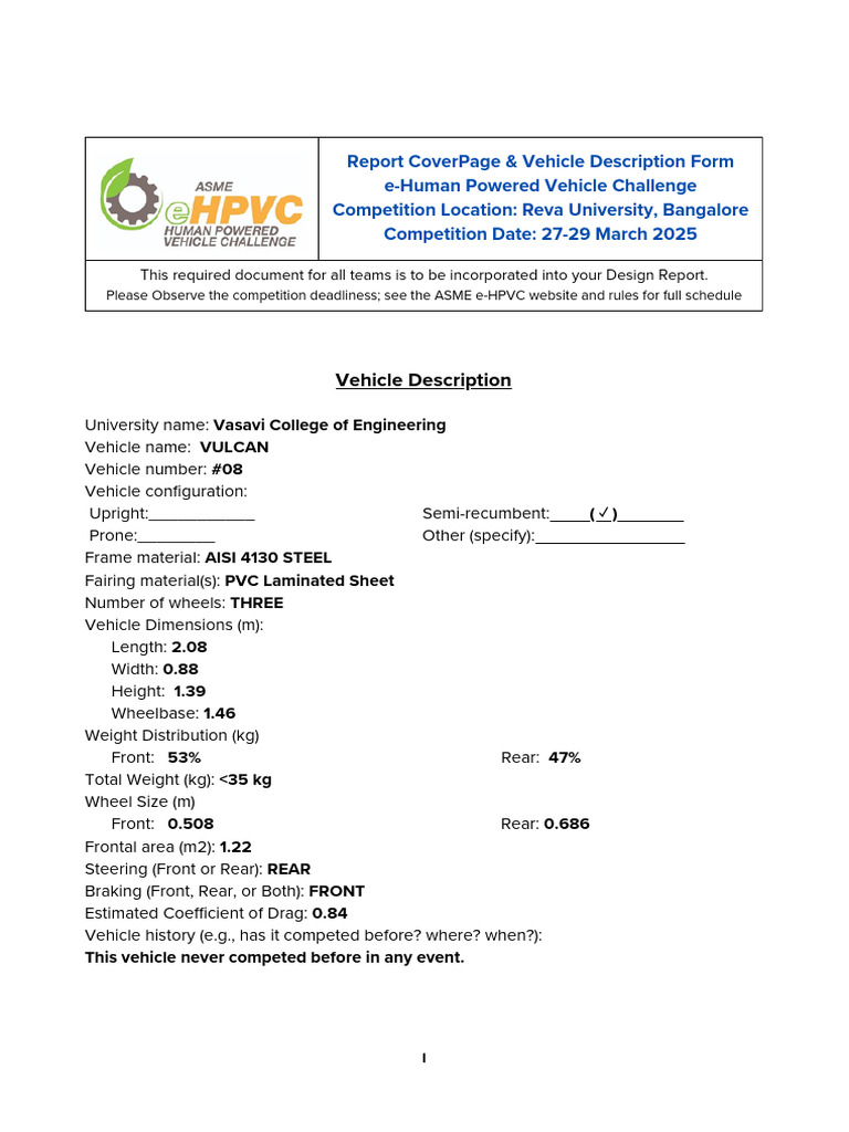Team Vulcan - Vehicle Design Report | PDF | Steering | Vehicle Technology
