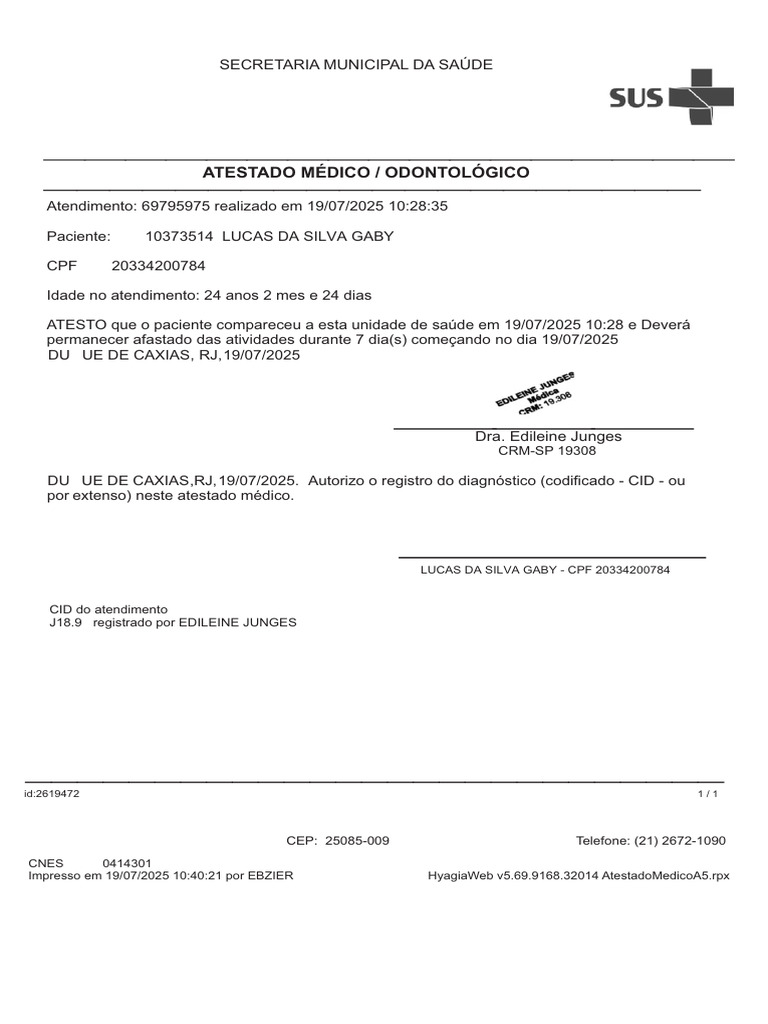 Atestado Médico de Lucas Gaby - 7 Dias | PDF