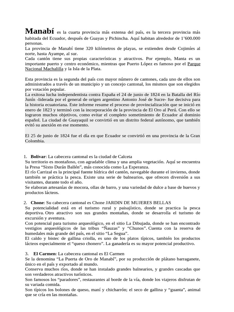Manabí: Atractivos y Cantones del Ecuador | PDF