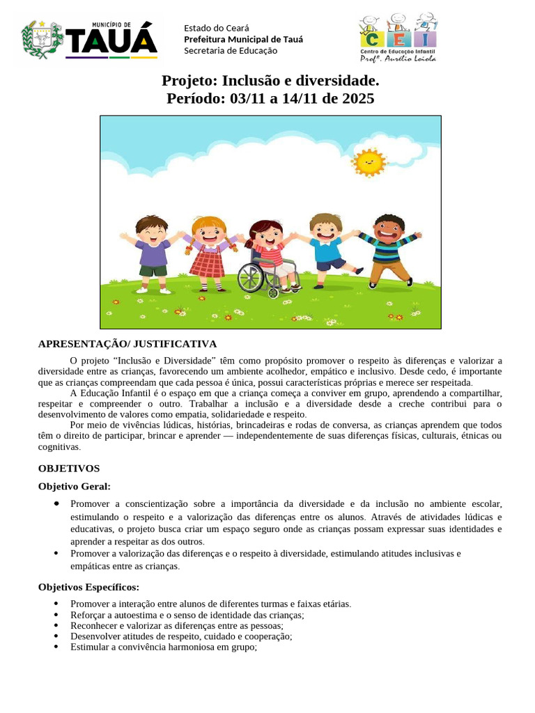 Projeto Inclusão e Diversidade Infantil | PDF | Desenho | Aprendizado