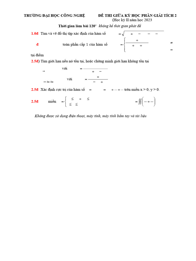 De Thi Giua Ky Hoc Phan Giai Tich 2 (Hoc Ky II Nam Hoc 2023-2024) E | PDF