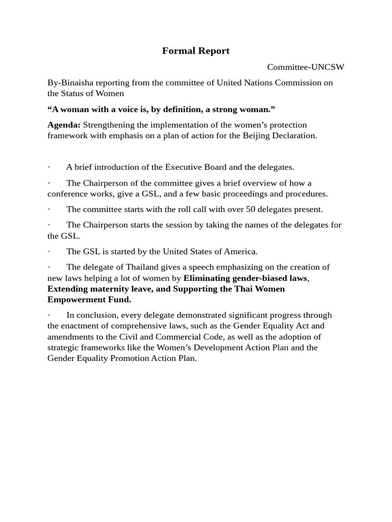 Formal Report Binaisha UNCSW | PDF