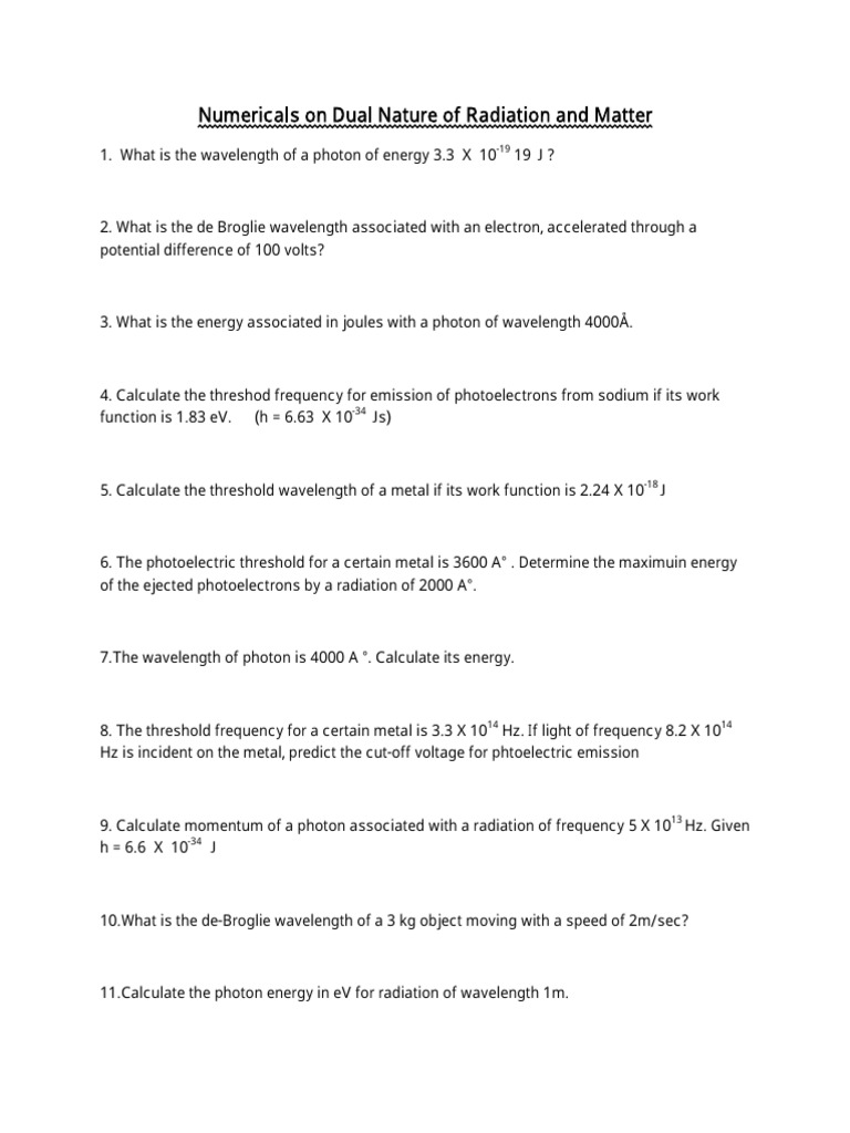 Numerical Problems on Radiation and Matter | PDF