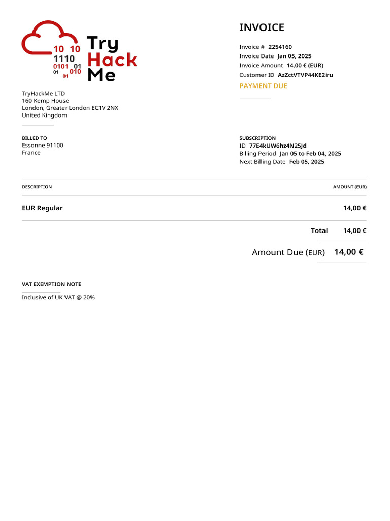 TryHackMe Invoice #2254160 Details | PDF