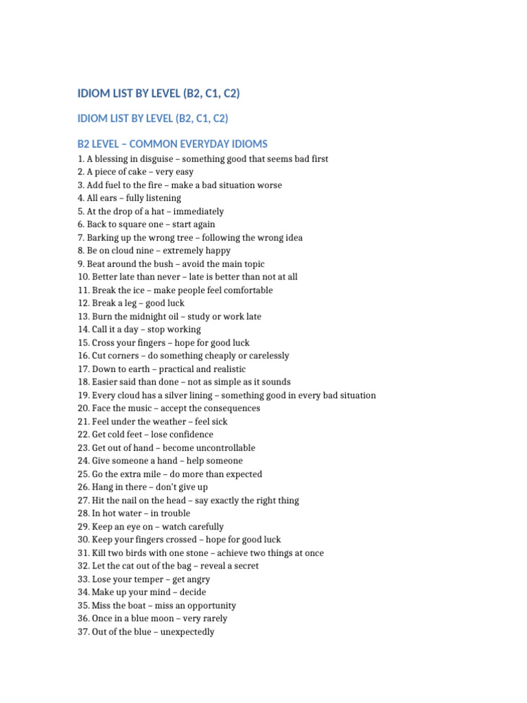 Idioms by Level: B2, C1, C2 Lists | PDF