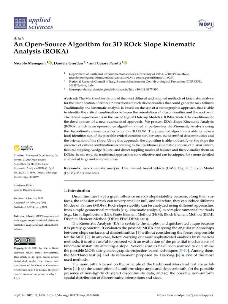 An Open-Source Algorithm for 3D Rock Slope Kinematic Analysis (ROKA) | PDF