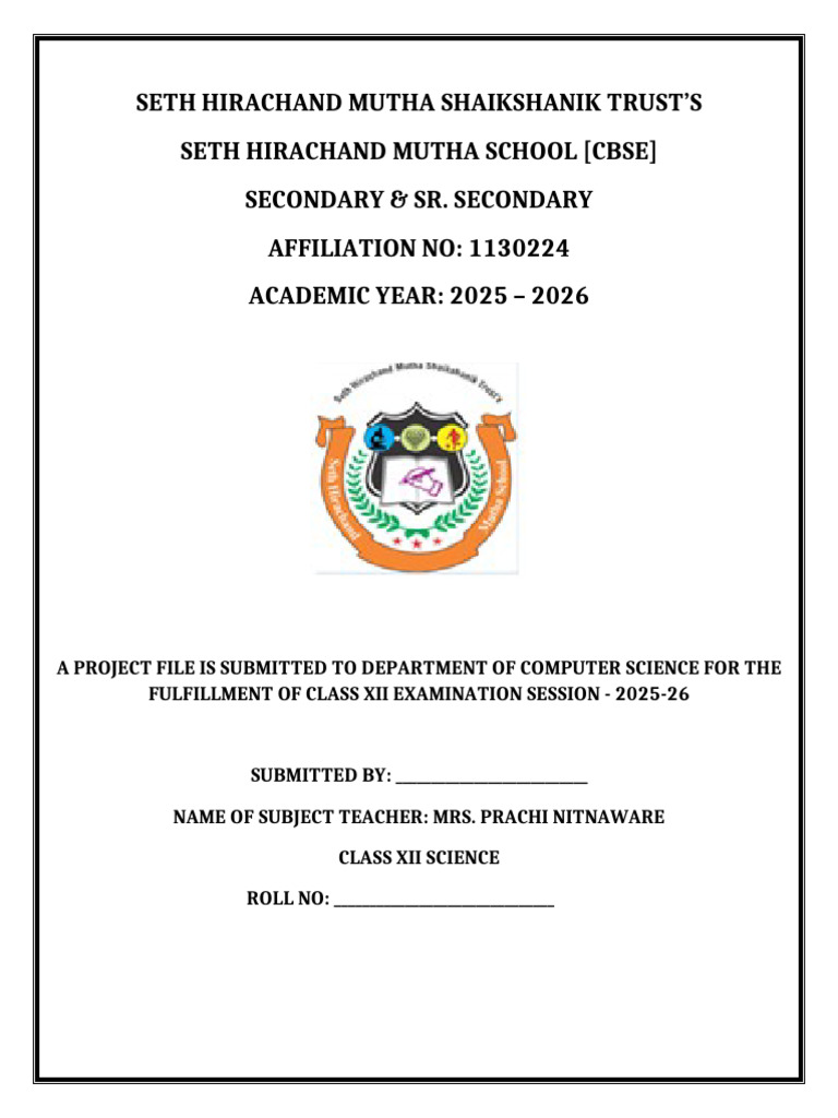 Class XII Computer Science Project File | PDF
