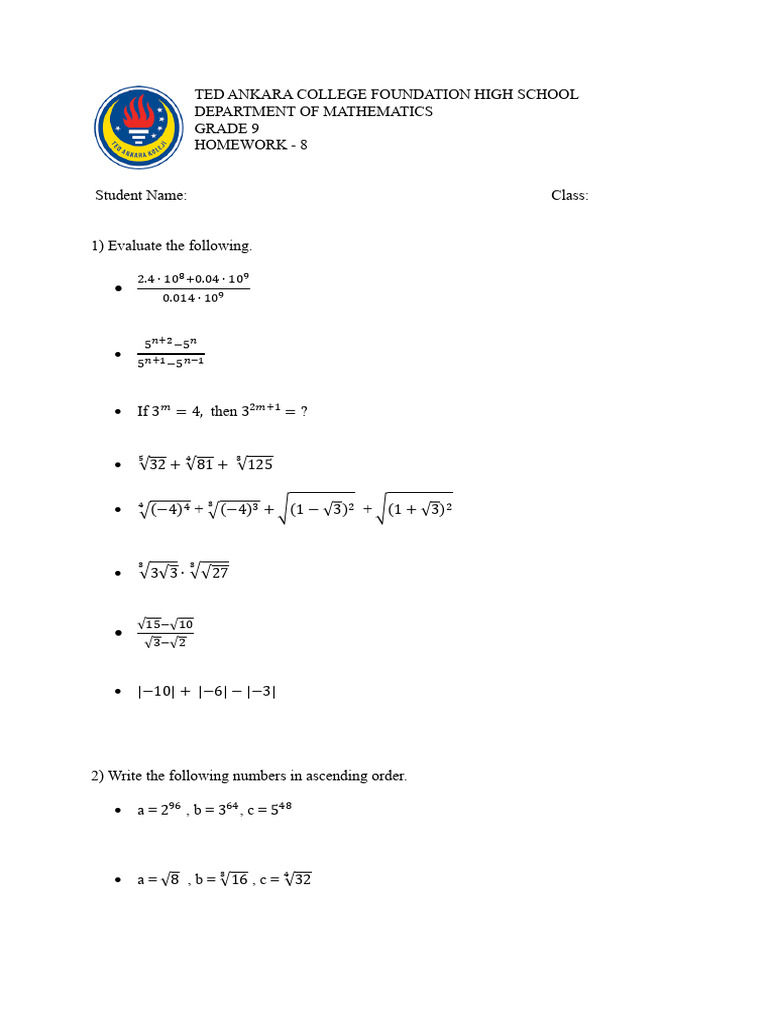Grade 9 Math Homework Exercises | PDF | Square Root | Ratio