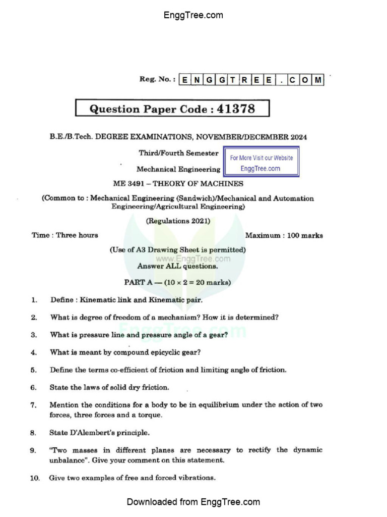 ME3491 Theory of Machines Nov Dec 2024 Question Paper Download | PDF