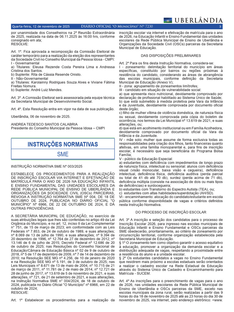 Inscrição Escolar 2026 em Uberlândia | PDF | Sanções (jurídico ...