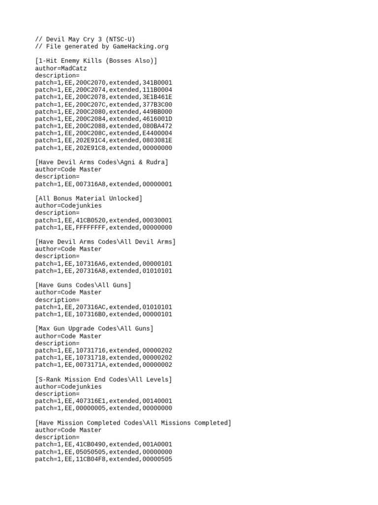 Devil May Cry 3 Cheat Codes Guide | PDF | Video Games