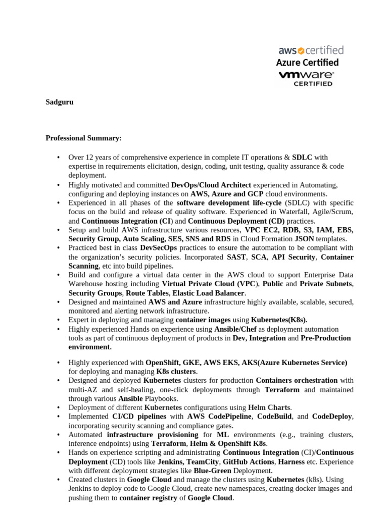 Azure DevOps Cloud Architect Resume | PDF | Amazon Web Services | Cloud ...