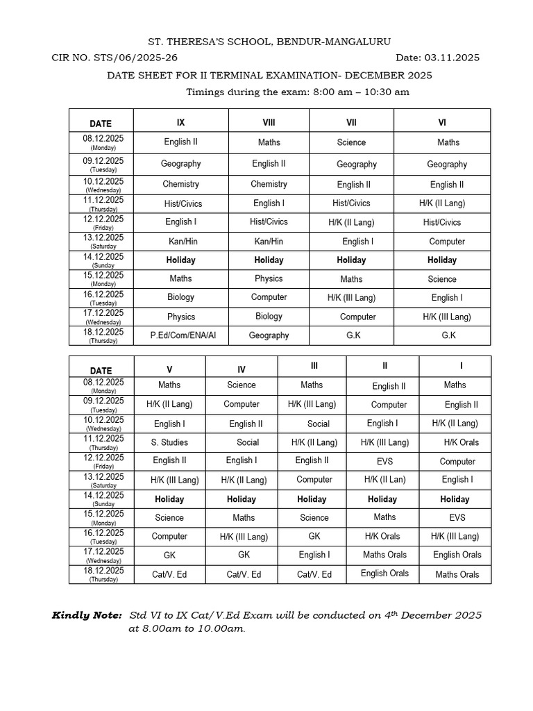 St. Theresa's School December 2025 Exam Schedule | PDF