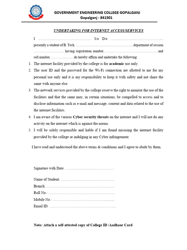 Internet Access Undertaking Form | PDF