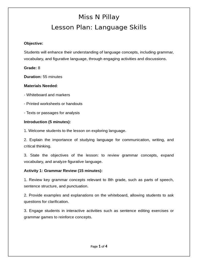 Lesson Plan, Language Skills | PDF | Vocabulary | Reading Comprehension