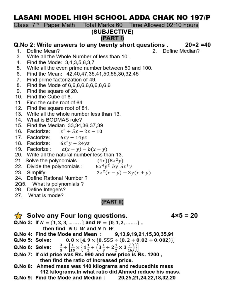Class 7 Math Exam Paper Guide | PDF