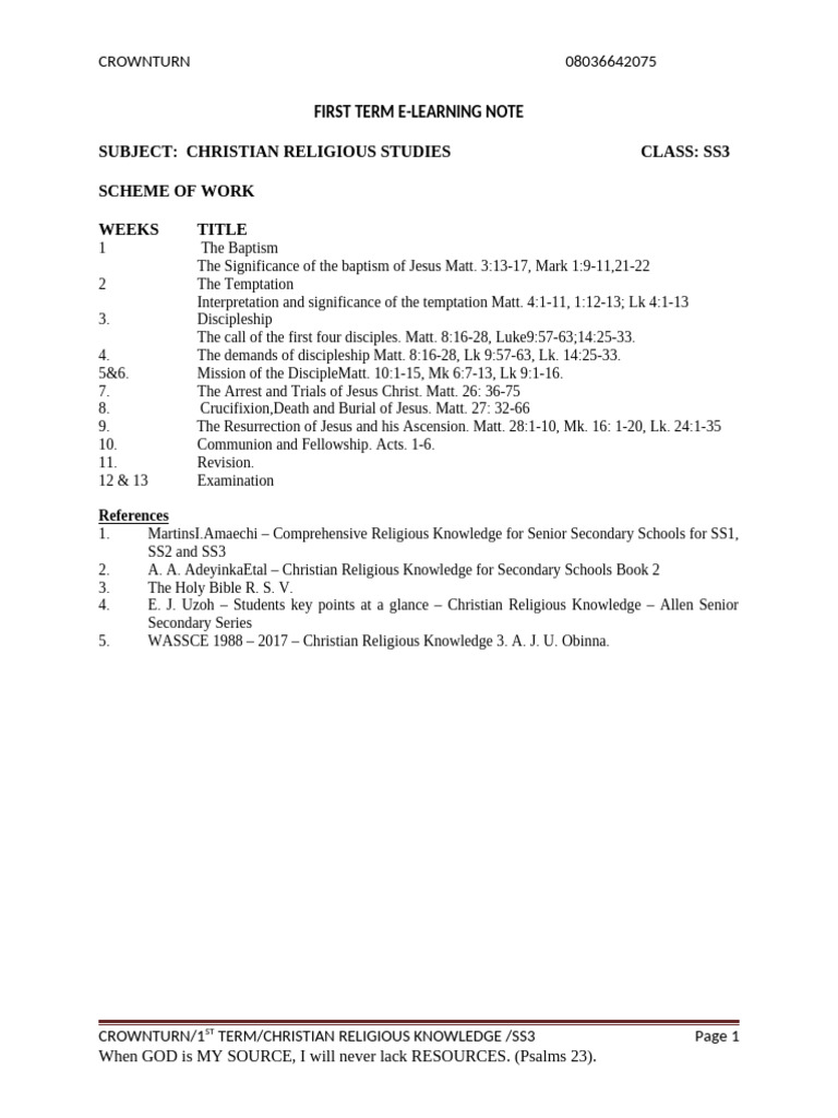 SS3 Christian Religious Studies Notes | PDF | Jesus | Disciple ...