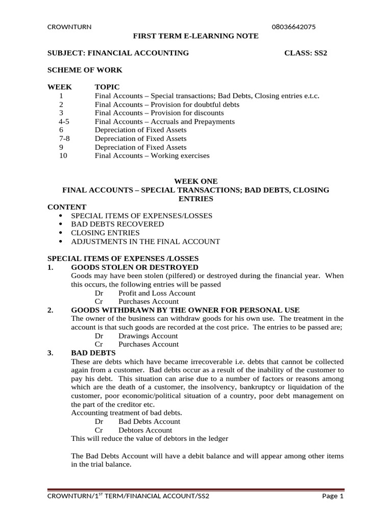 Financial Accounting Notes for SS2 | PDF | Depreciation | Debits And ...