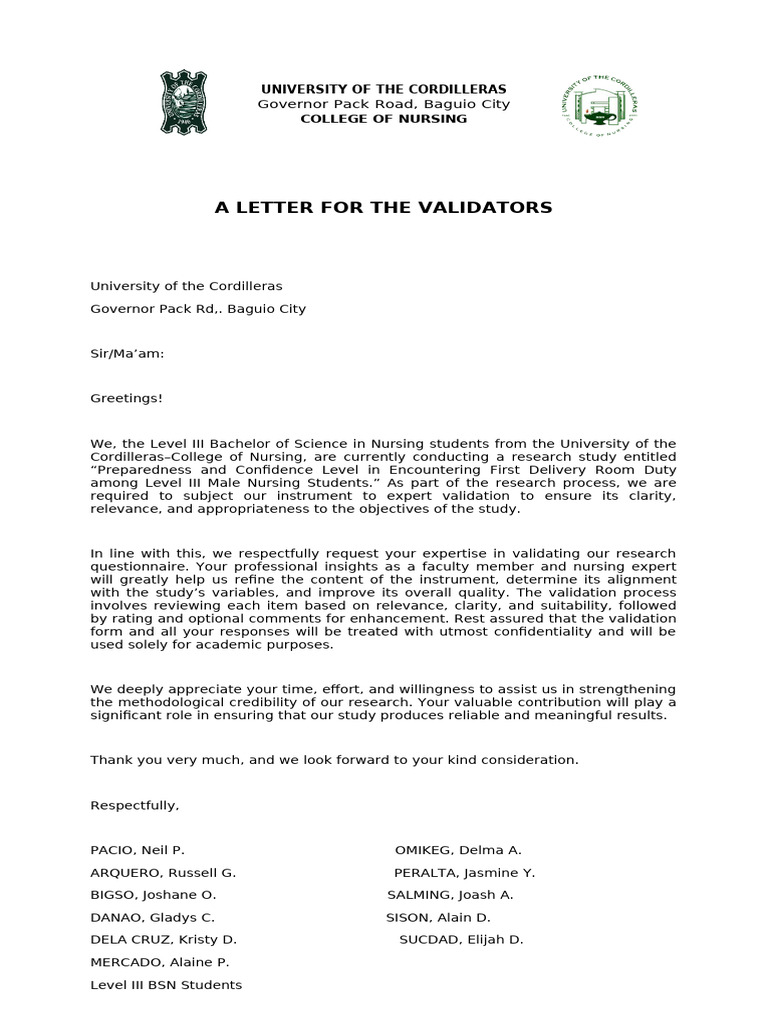 Nursing Study Validation Request Letter | PDF