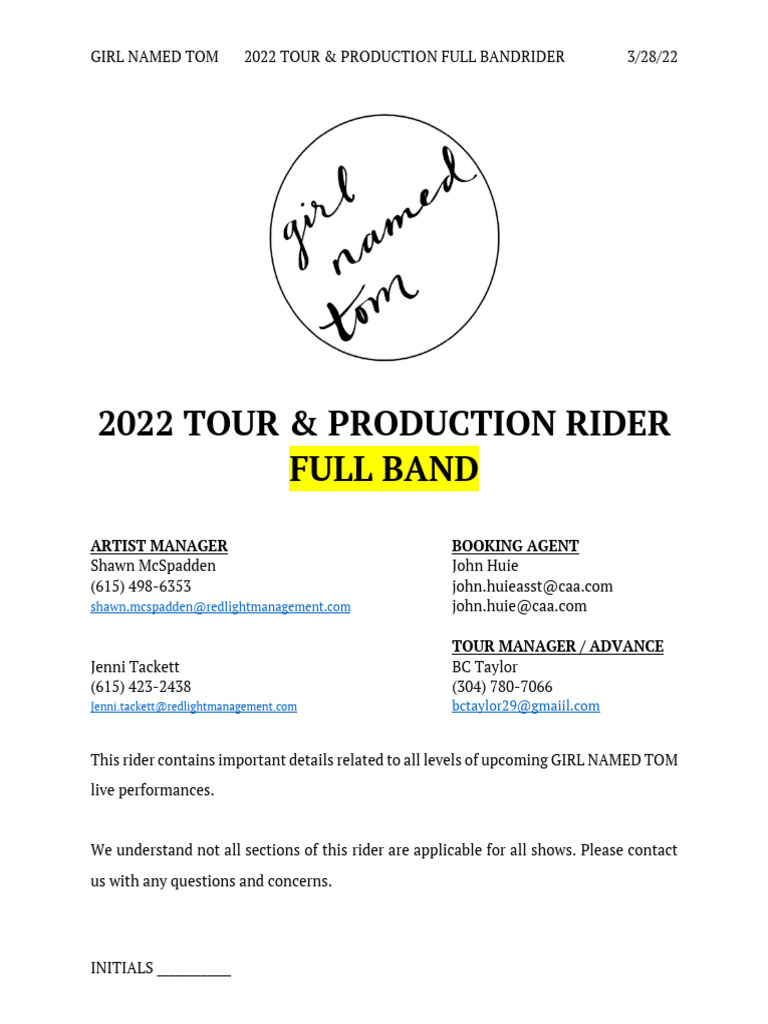 Girl Named Tom 2022 Tour Production Rider | PDF | Limited Liability ...