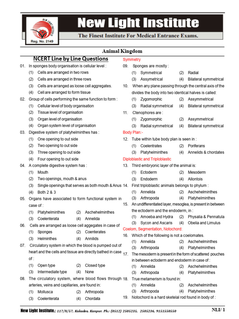 NCERT Line by Line Questions on Animal Biology | PDF | Amphibian | Mollusca