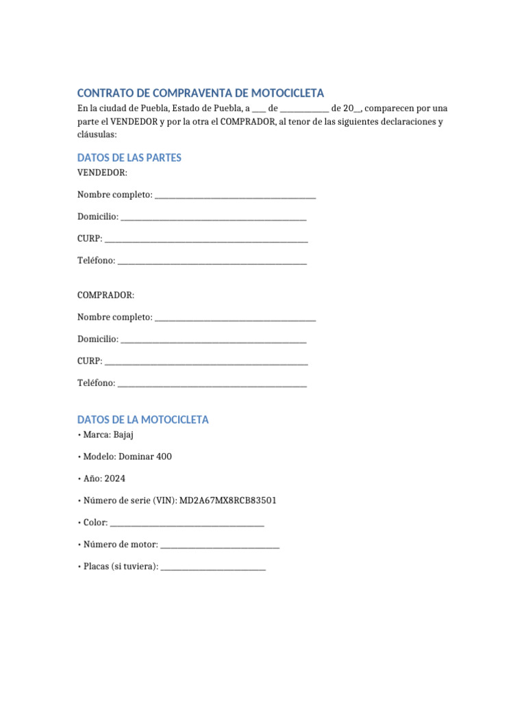Contrato de Compraventa de Motocicleta | PDF