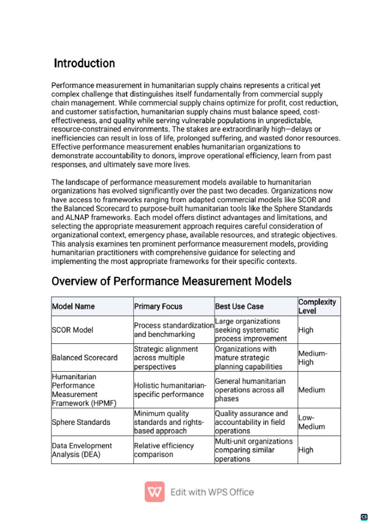 Humanitarian Supply Chain Performance Measurement Models Assignment | PDF