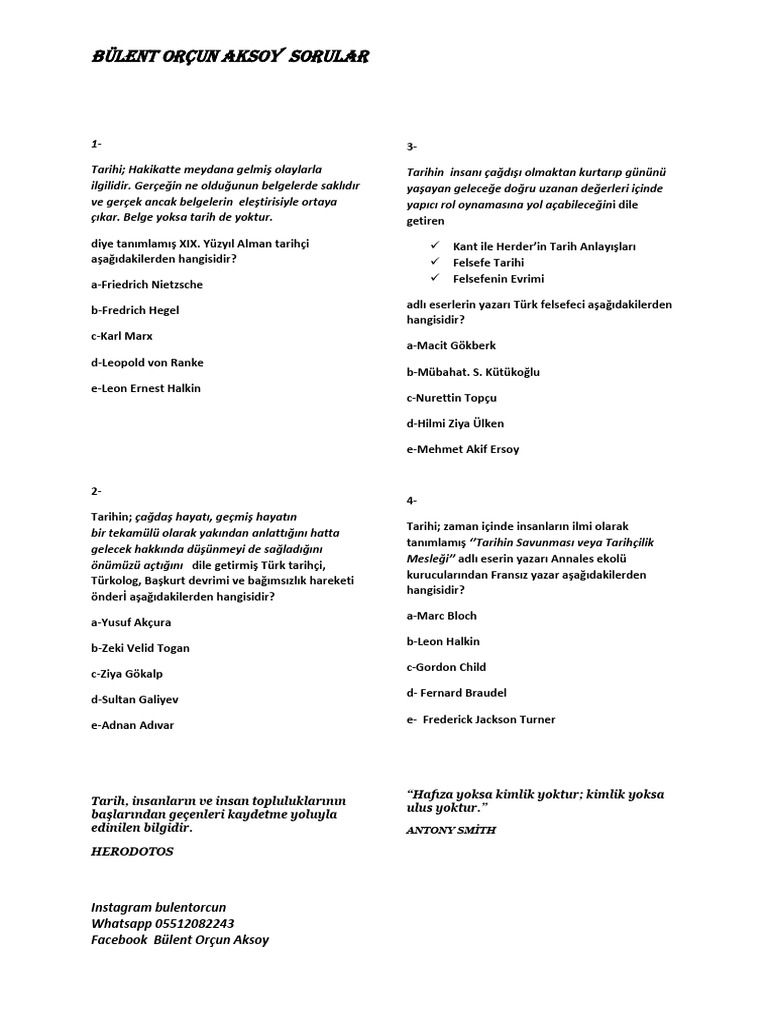 Kpss Oabt Tarih Test Sorulari Ve Cevaplari | PDF